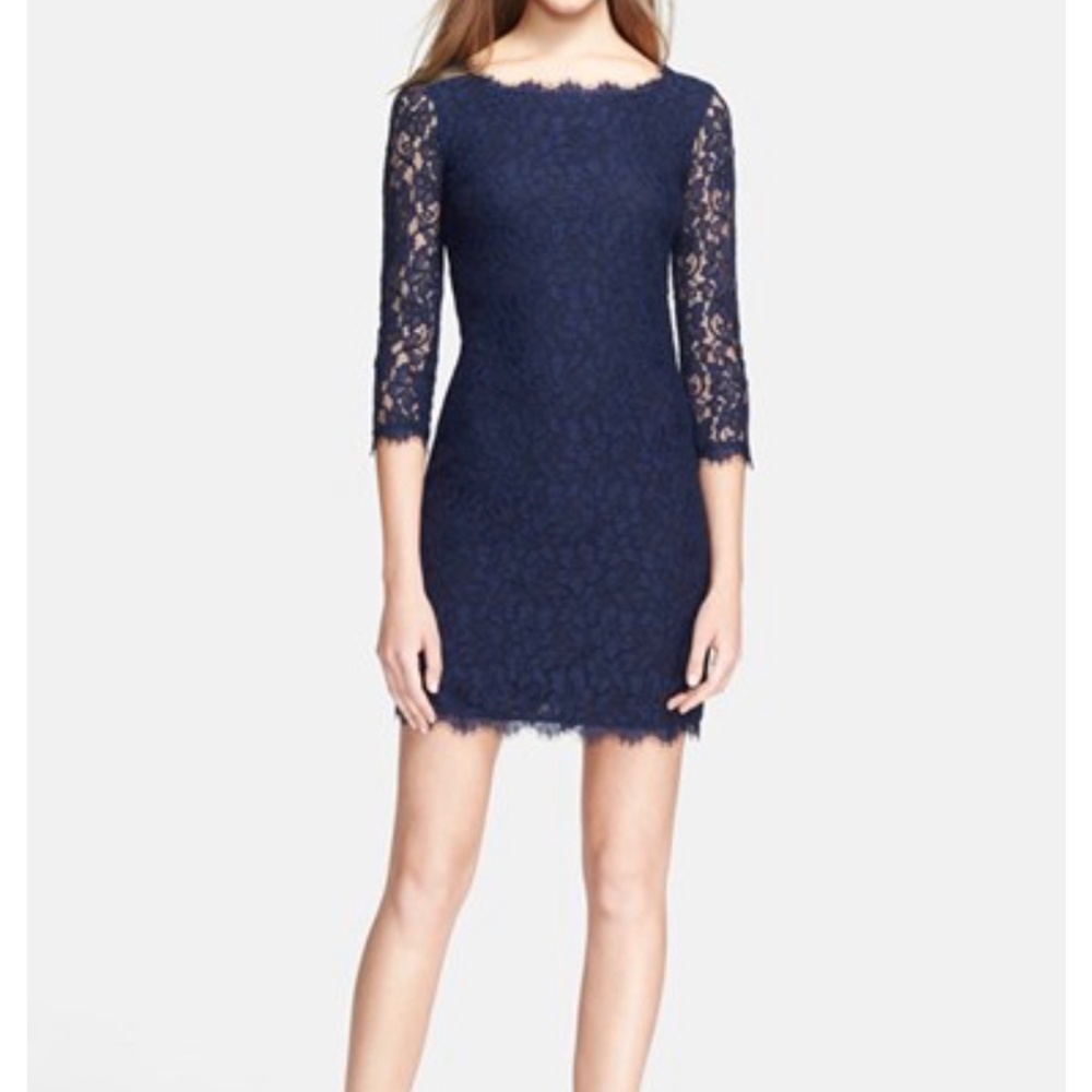 Diane von Furstenberg Zarita Blue Lace Shift Blue Mini Dress Long Sleeve SZ 0